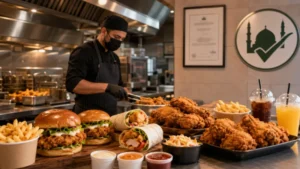 Halal-certified fried chicken, burgers, wraps, sides and drinks prepared in a restaurant kitchen