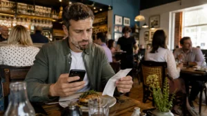 Customer checking an unfamiliar M&B-related bank transaction after dining at a UK restaurant